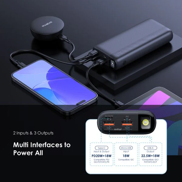 Oraimo  Traveler 22.5 LED Torch Power Bank, SOS Lighting Alarm, 22.5W, 20,000 mAh , Black, OPB-7204Q - Image 6