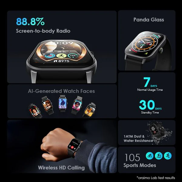 Oraimo Watch 5 Bluetooth Call Smart Watch, Waterproof: 1ATM, BT V5.2, 300mAh, Grey, OSW-805BGRY - Image 2