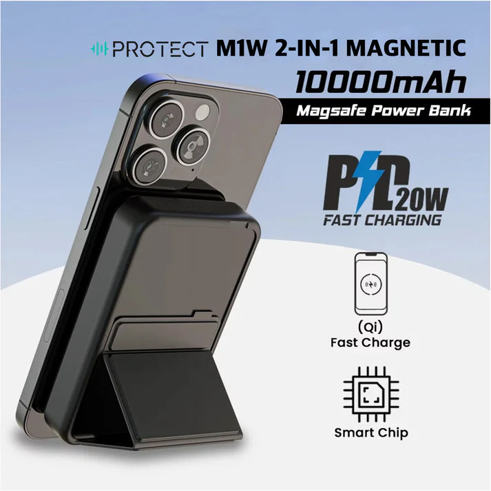PROTECT 2-in-1 Magnetic Power Bank, 15W, Type C Charging, For iphone , Apple Watch, With Stand, Black, M1W - Image 2