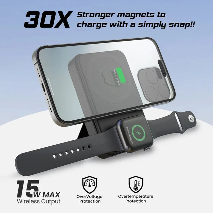 PROTECT 2-in-1 Magnetic Power Bank, 15W, Type C Charging, For iphone , Apple Watch, With Stand, Black, M1W - Image 4
