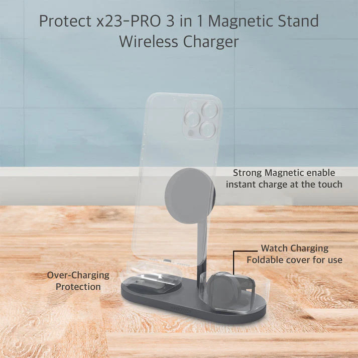PROTECT  3 in 1 Magsafe Phone Stand, Alluminum Body, Fast Charging , For Apple Watch, Apple airpod, wirelss Charging, type C Input, Grey, X23-PRO - Image 3