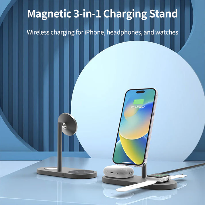 PROTECT  3 in 1 Magsafe Phone Stand, Alluminum Body, Fast Charging , For Apple Watch, Apple airpod, wirelss Charging, type C Input, Grey, X23-PRO - Image 4