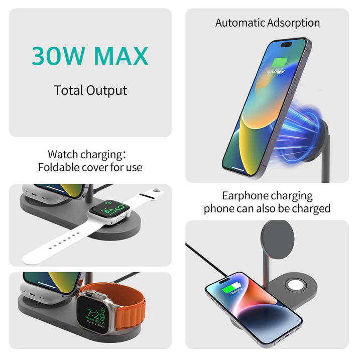 PROTECT  3 in 1 Magsafe Phone Stand, Alluminum Body, Fast Charging , For Apple Watch, Apple airpod, wirelss Charging, type C Input, Grey, X23-PRO - Image 6