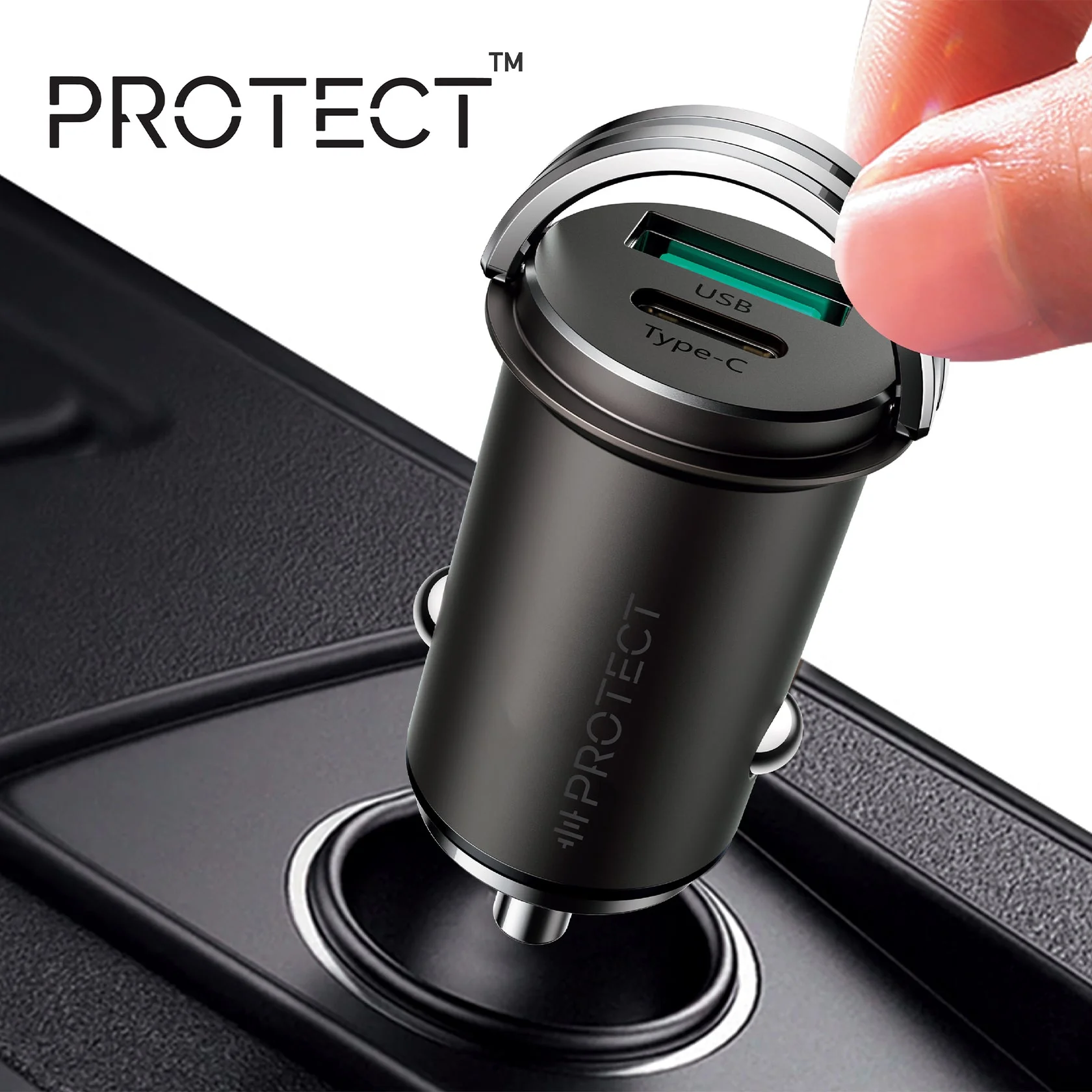 PROTECT Bullet Type C Port Car Charger, USB A Port, 45W, Alluminum , Grey, C-A35