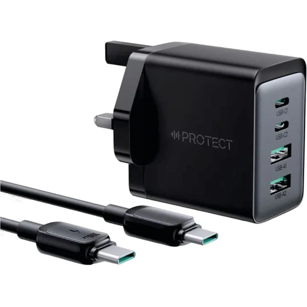 Protect GaN Ultra Dual Type C Ports Power Adapter, Dual Type A USB Ports, 100W Cable included, Grey, TCG02