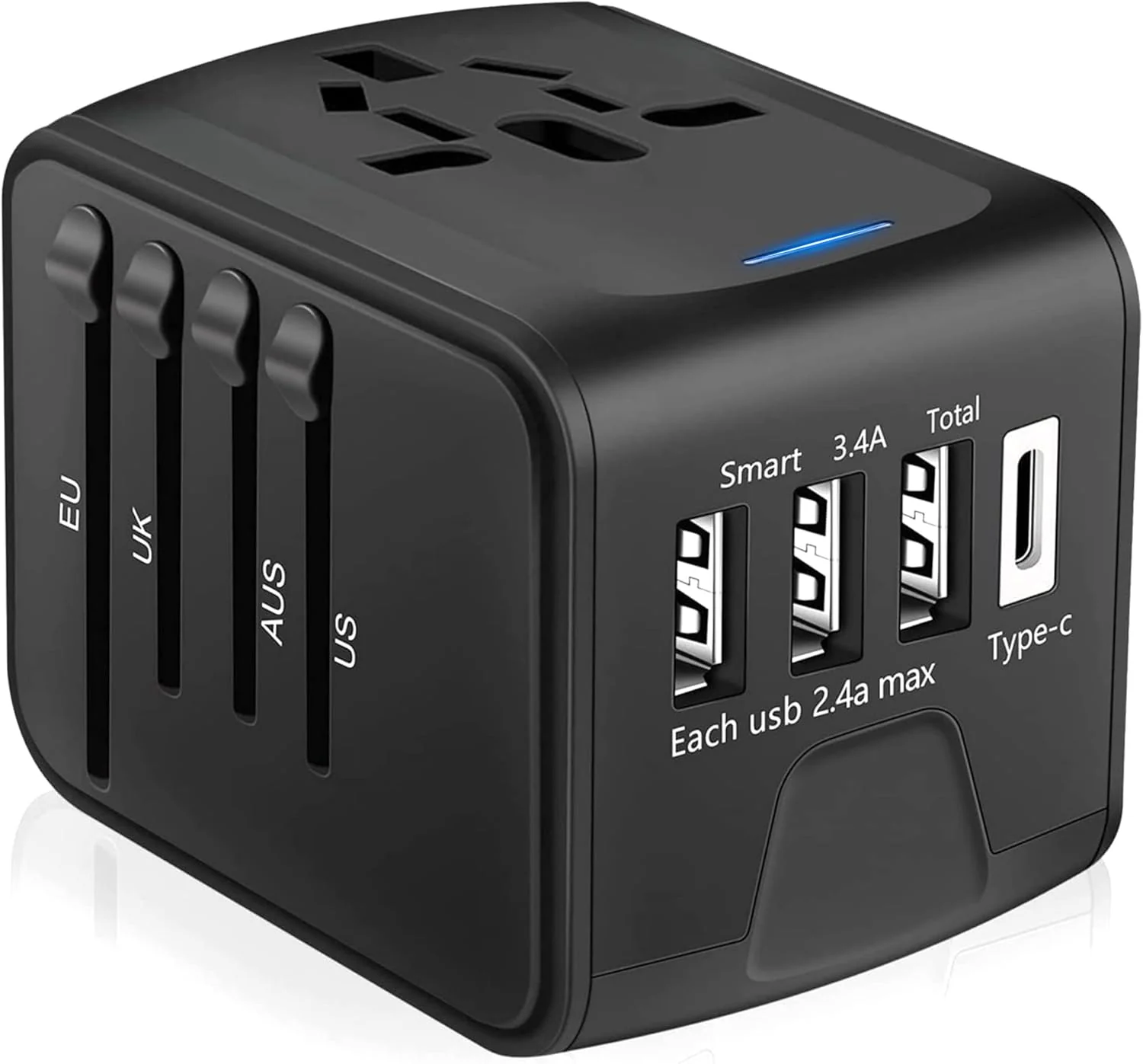PROTECT Travel Essential Universal Adapter, 6 A Ceramic Fuse, 1 Type C Output, 3 USB A Output, Black, SL-199-3U-T