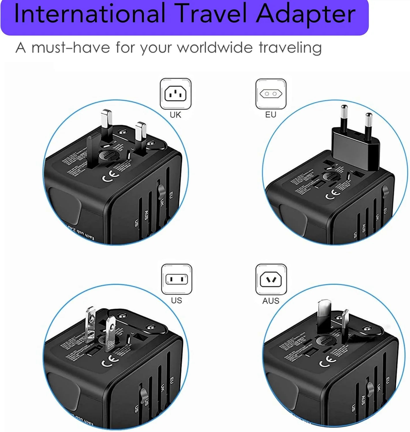 PROTECT Travel Essential Universal Adapter, 6 A Ceramic Fuse, 1 Type C Output, 3 USB A Output, Black, SL-199-3U-T - Image 2