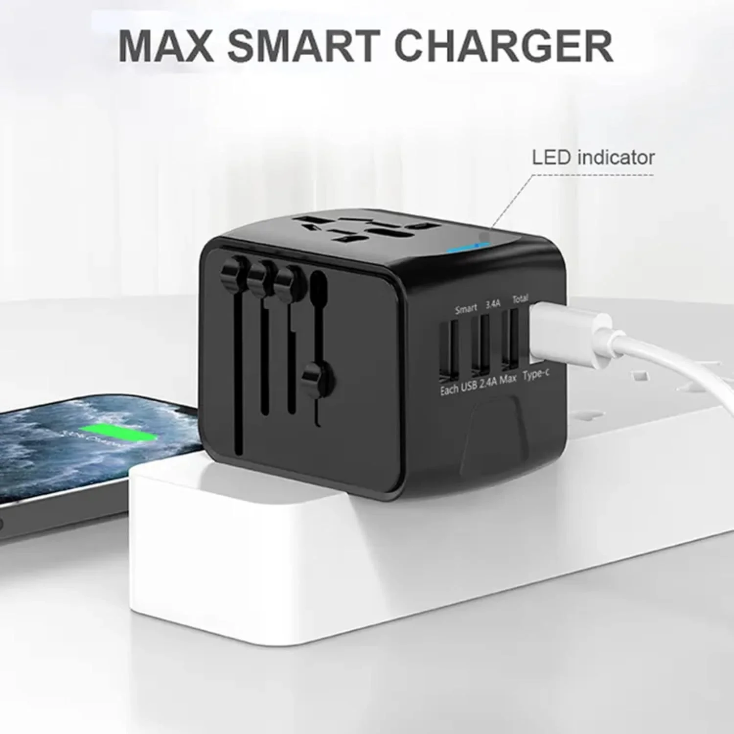 PROTECT Travel Essential Universal Adapter, 6 A Ceramic Fuse, 1 Type C Output, 3 USB A Output, Black, SL-199-3U-T - Image 3