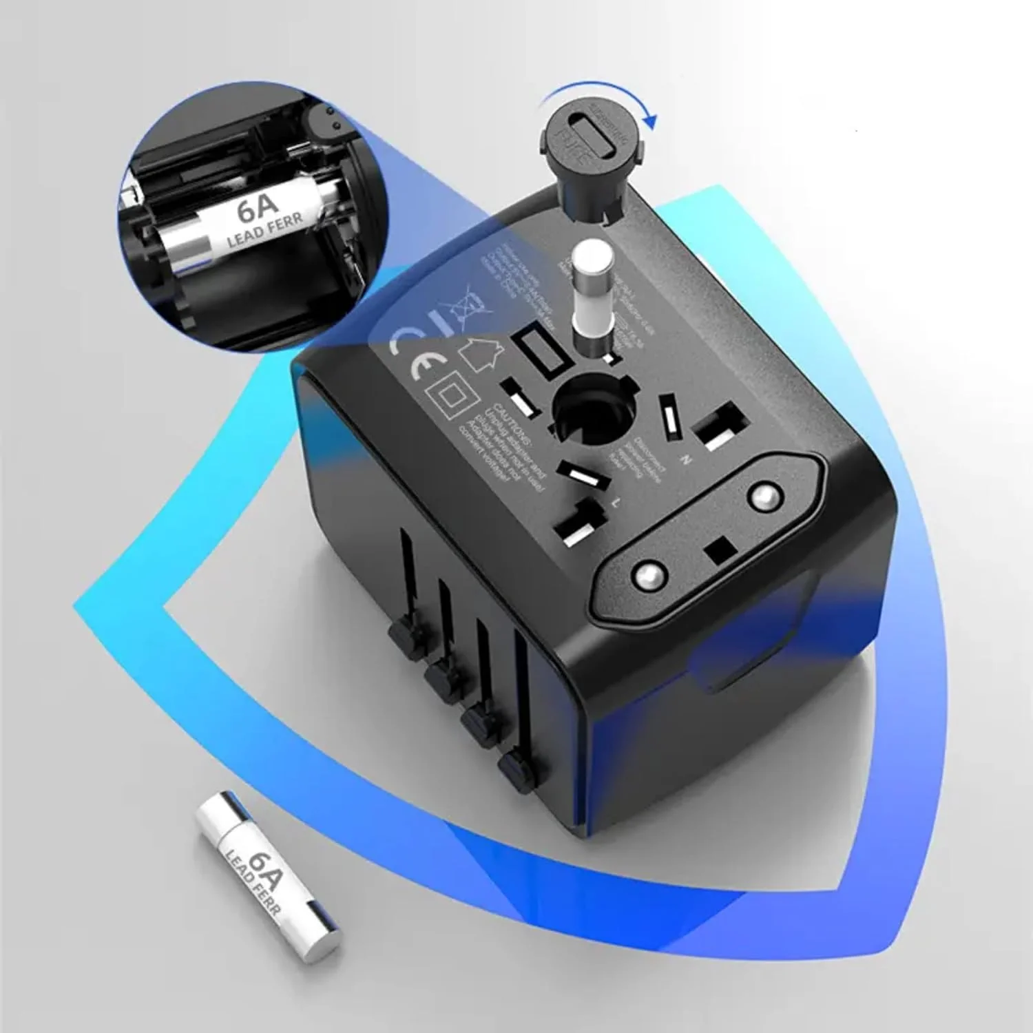 PROTECT Travel Essential Universal Adapter, 6 A Ceramic Fuse, 1 Type C Output, 3 USB A Output, Black, SL-199-3U-T - Image 6