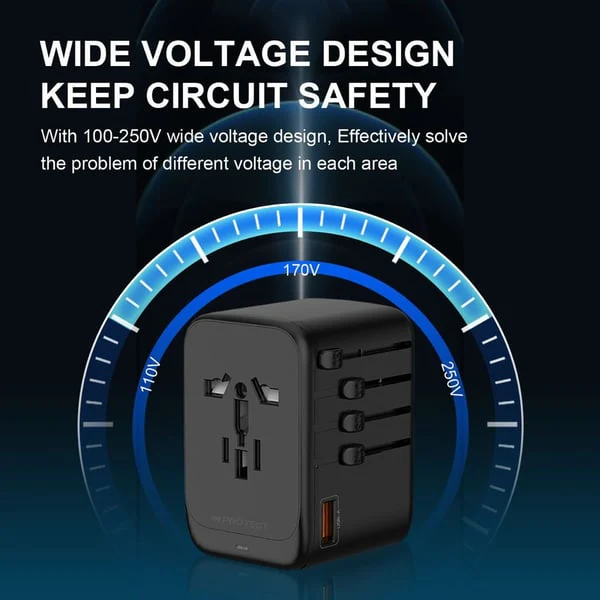 PROTECT  Travel Essential Universal Adapter, 65W, Charging, USA EU UK AU, Type C Output, USB A Output, Black, PQ65 - Image 2