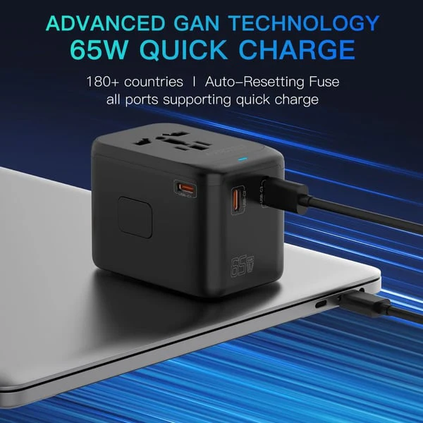 PROTECT  Travel Essential Universal Adapter, 65W, Charging, USA EU UK AU, Type C Output, USB A Output, Black, PQ65 - Image 4