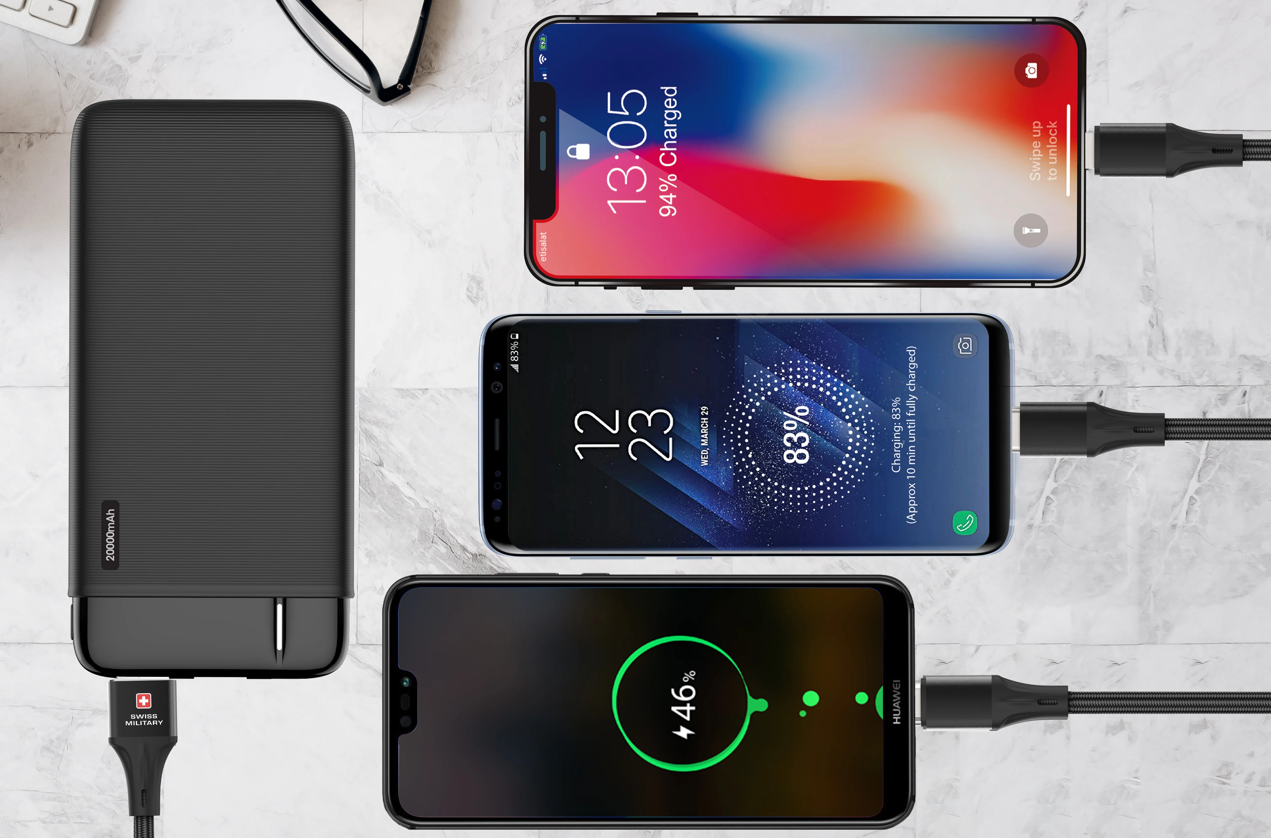 Swiss Military 3-in-1 Fast Charging Cable Dual USB-C & Lightning Braided 1M Black - Image 2