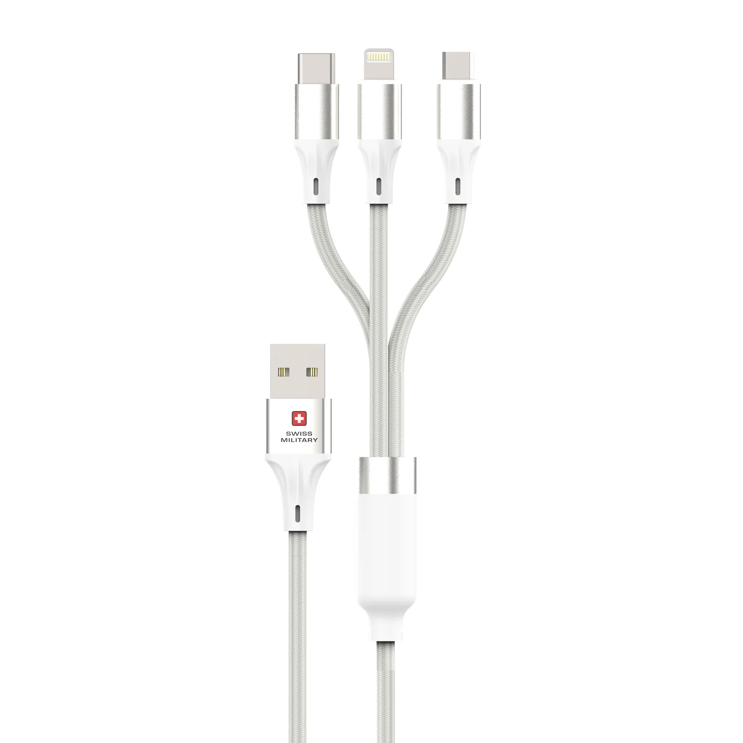 Swiss Military 3-in-1 Fast Charging Cable Dual USB-C & Lightning Braided 1M White