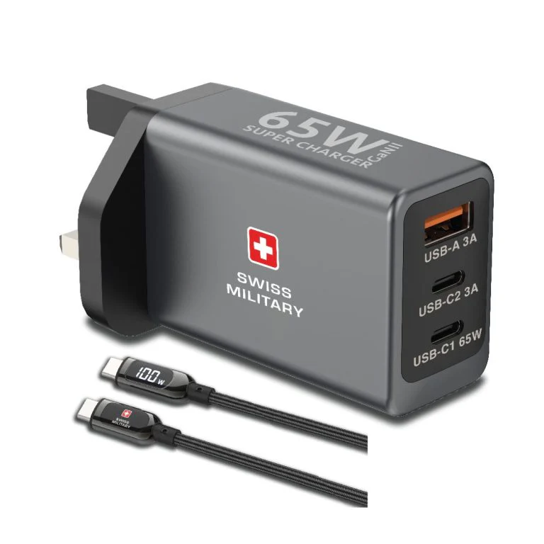 Swiss Military 65W GaN Fast Charger with 2 USB-C & 1 USB-A Ports - Image 2
