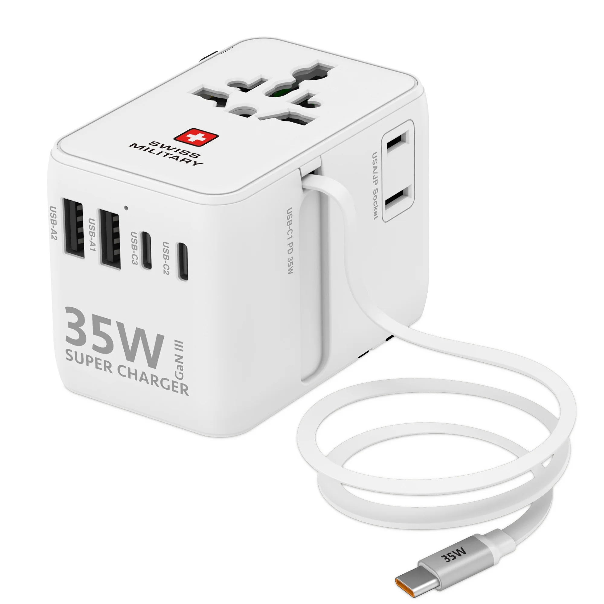 Swiss Military International Travel Adapter 35W GaN Fast Charger with Built-in Cable White