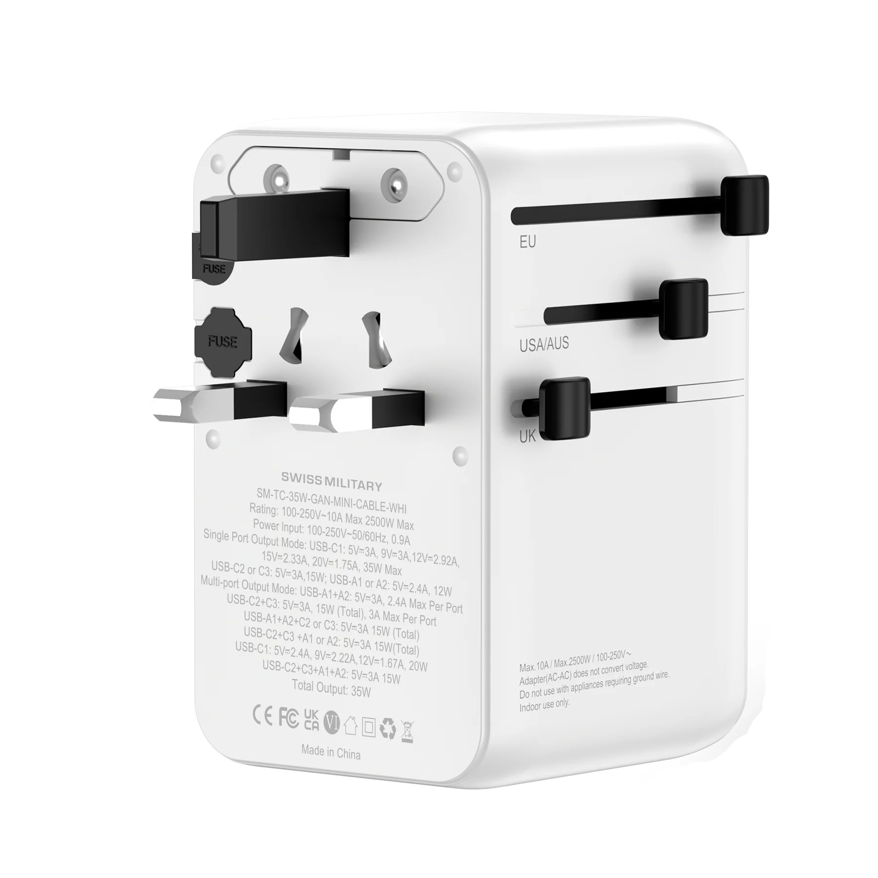 Swiss Military International Travel Adapter 35W GaN Fast Charger with Built-in Cable White - Image 2