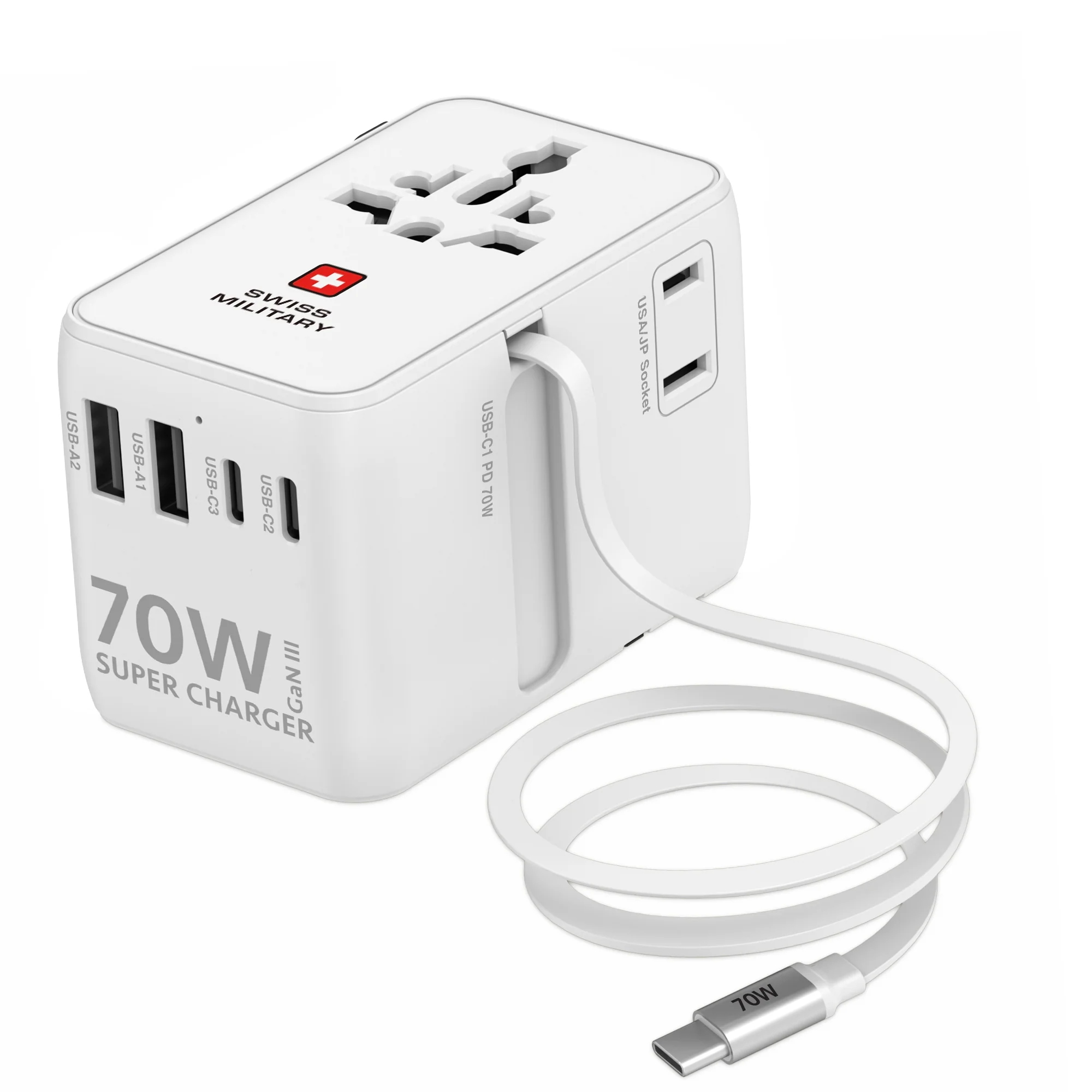 Swiss Military International Travel Adapter 70W GaN Fast Charger with Built-in Cable White
